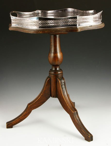 Tripod Table with Sheffield Tray: Tripod table with Sheffield silver plated gallery tray, 19 1/2" h x 15 1/2" w.