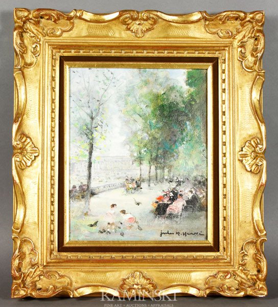 Herve, Park Scene, O/C: Jules Herve (French b.1887), park scene, oil on canvas, signed lower right and verso, 10 1/2"h x 8 1/2"w (sight), 16 1/4"h x 14 1/4"w (frame).