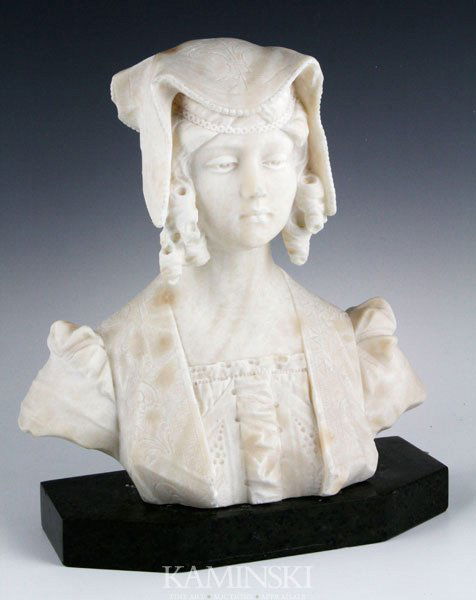 Marble Royalty Statue: Marble royalty statue, possibly depicting Mary Queen of Scots, on base (not attached), 11 1/2" h. Chip on base.