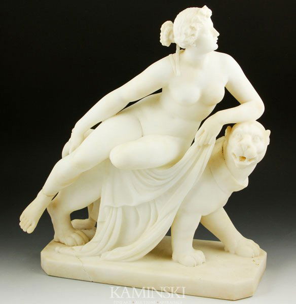 Alabaster Sculpture of Lion and Woman: Alabaster sculpture of lion and woman, 15 1/2" x 13". Some damage.