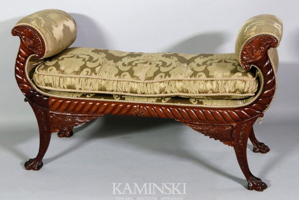 Federal Carved Upholstered Settee Bench: Federal carved upholstered settee bench with cornucopia motif, 28 1/2" h x 47" w x 18 1/2" d. Small chip on one foot.