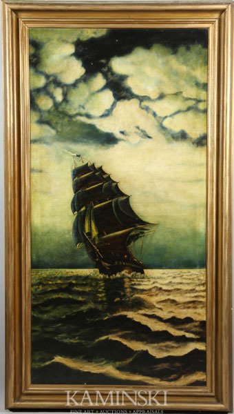 Williams, ship, O/C: Walter Heath Williams (British, 1835-1906), full masted ship, oil on canvas, signed lower right, 72" x 36", 82 1/8" x 46 1/4" (frame).