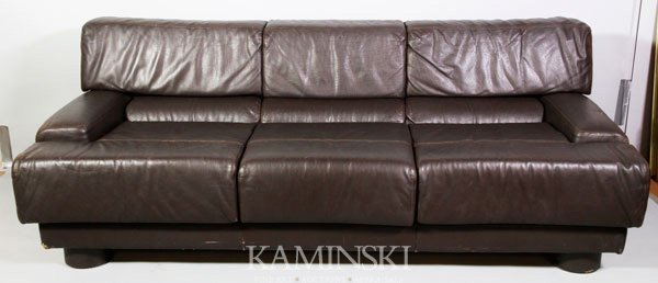 Italian Leather Sofa: Italian sofa, dark brown leather, circa 1980's/90's, 27"h x 73"w x 33"d.