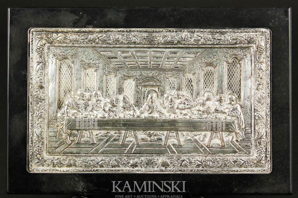 Silver Copy of Byzantine Icon: .950 silver tooled copy of an old Byzantine icon depicting the Last Supper, marked .950 and initials, 5 1/8" x 8 5/8", 6 3/4" x 10 1/4" (frame).