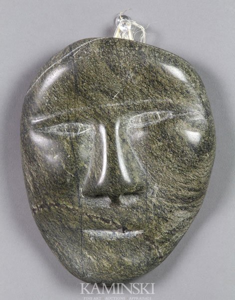 Inuit Carved Stone Face: Panelak of Pond Inlet (listed artist), face, carved hardstone, circa 1974, signed, 5" x 7". Purchased in Repulse Bay, Halifax.