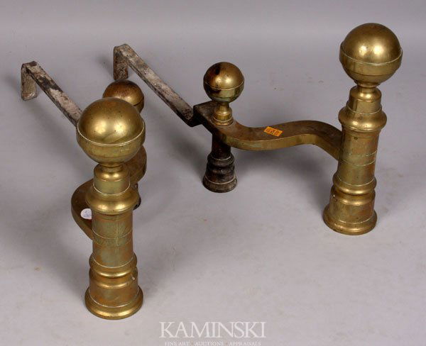 Pair of early 19th C. Boston andirons: Pair of early 19th Century Boston brass andirons, 16" x 28". Property of the late Robert O. Peterson, San Diego, CA.
