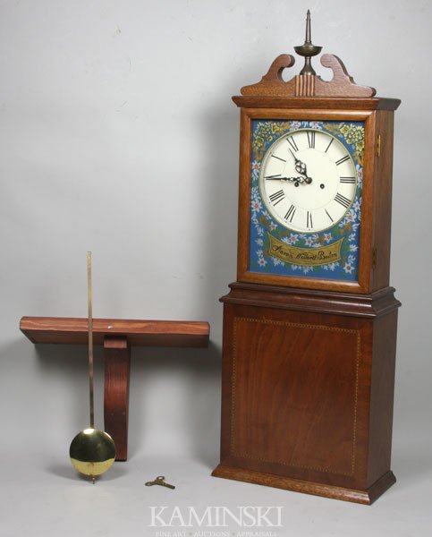 Early 20th C. Aaron Willard Bracket Clock: Early 20th Century Aaron Willard bracket clock, marked Aaron Willard on glass, key wound with time and strike, mixed wood case with sterling inlay, 35 1/2"h of clock with brass finial, bracket is 10"h
