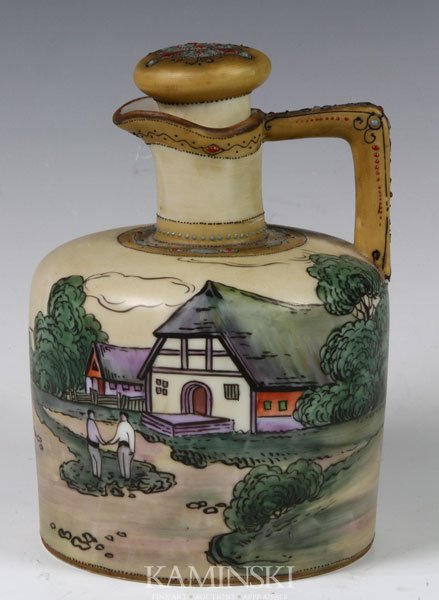 Nippon Whiskey Jug: Nippon whiskey jug with hand-painted European cottage scene, 6"h. Stopper needs new cork.