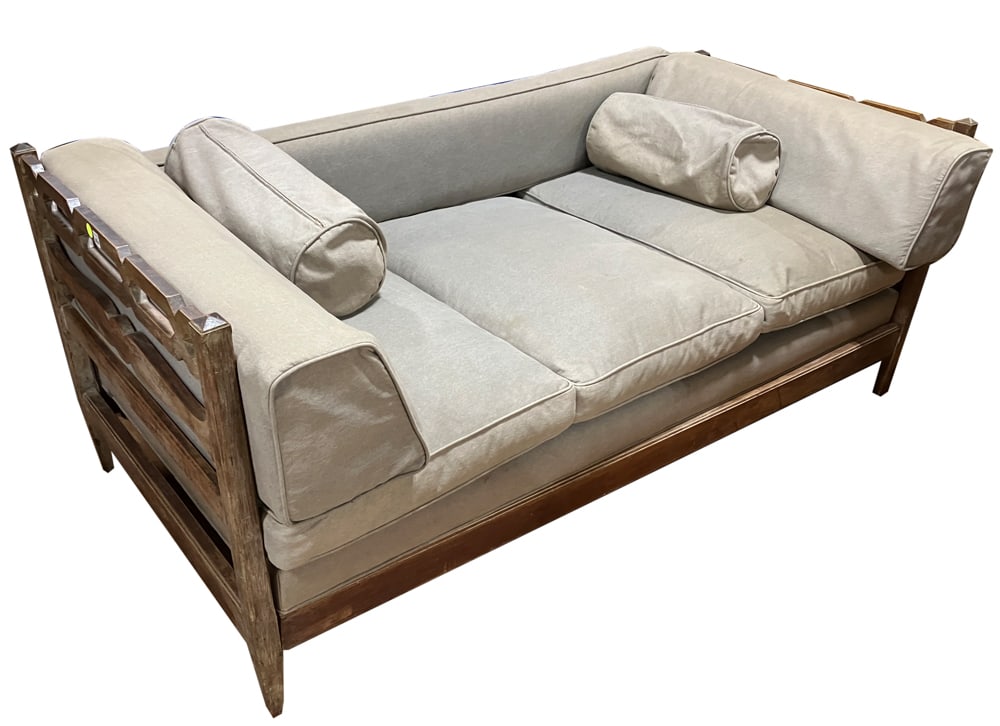 Neoclassical-style Sofa with Tan Cushions (1 of 6)