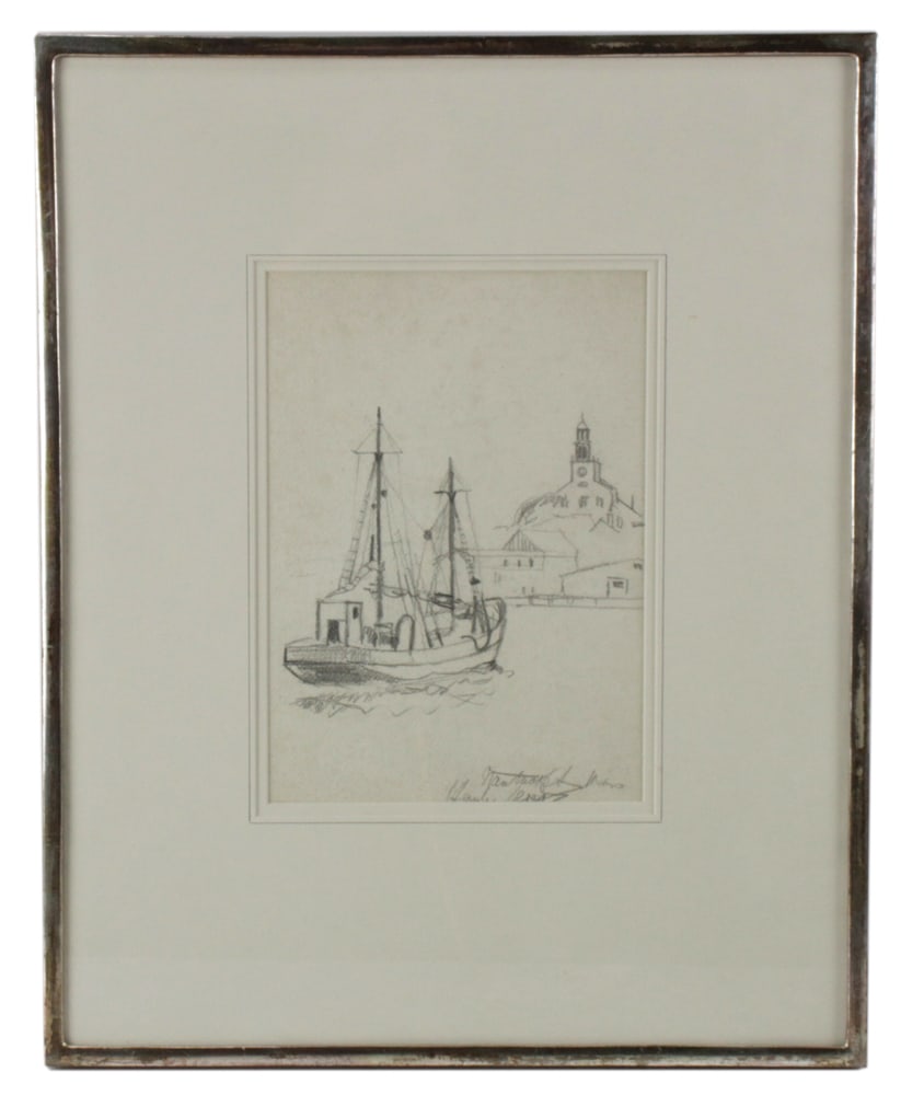 1960s Pencil Sketch of Nantucket Harbor, Signed (1 of 8)