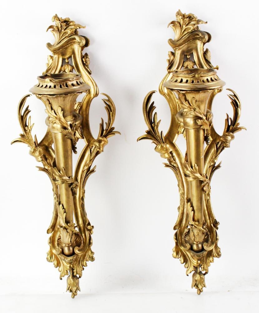 Pair of French Bronze Torchiere Wall Sconces: Pair of French bronze torchiere wall sconces, 24" x 10" x 8". Provenance: Southern Connecticut collection.