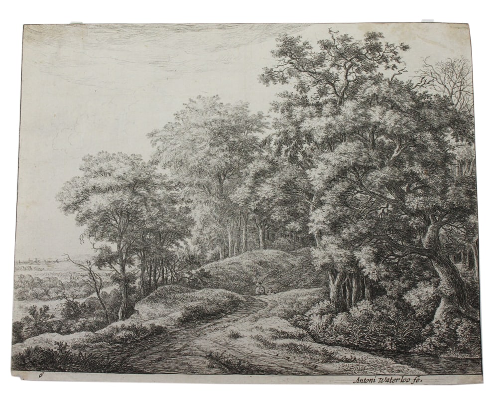 Anthonie Waterloo, C1650 Etching of Landscape: Anthonie Waterloo (Dutch, 1609-1690), landscape with trees and path on hill, etching on paper, circa 1650, 9" x 11". Provenance: Deaccessioned from a prominent Massachusetts museum.