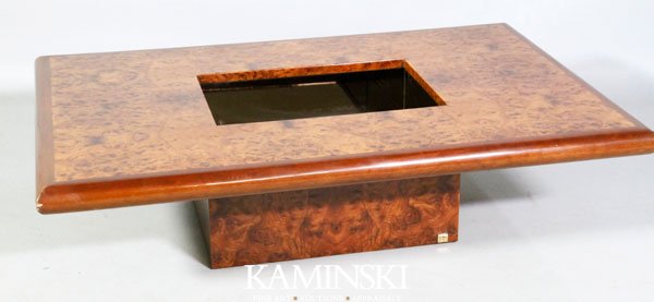 Mahey French Cocktail Table: Jean Claude Mahey, French Modern low cocktail table, burl veneer with open mirrored center section, circa 1970s.