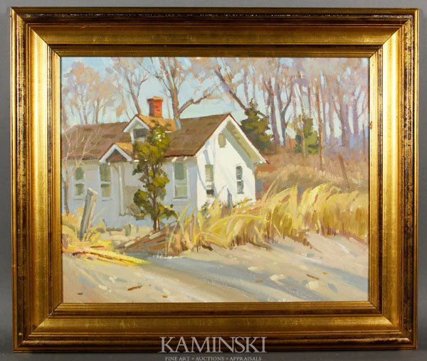 Tutwiler, "Beach Cottage", O/M: David Tutwiler (b.1952), "Beach Cottage", oil on masonite, unsigned, with North Shore Art Association silent auction label, 15 1/2"h x 19 3/4"w (sight), 22"h x 26"w (frame).