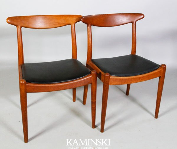 Pair Hans Wegner Side Chairs: Pair of Hans Wegner side chairs, oak with black leather seats, early 1960s, each with branded mark under seat, C. M. Madsens Fabriken, Haarby Danmark, Made in Denmark, Design: Hans J. Wegner, 29 3/4"h