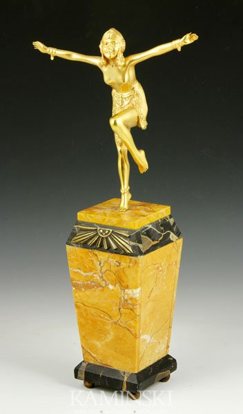 Chiparus, Flapper, Gilded Bronze: Demetre H. Chiparus (Romanian 1886-1947), gilded bronze of a flapper on marble base, signed on base, circa 1920s, 17"h. Guaranteed authentic and of the period.