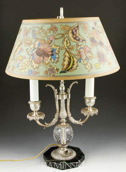 Pairpoint Reverse Painted Lamp: Pairpoint lamp, reverse painted directiore shade, signed, chipped ice finish, silver plate and marble base with bubble ball connector, signed ADJ Night, circa 1915-20, 26"h.