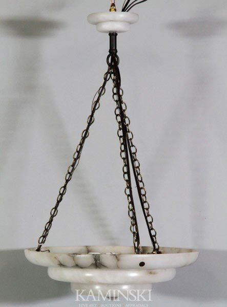 French Art Deco Alabaster Lamp: French Art Deco hanging ceiling lamp, alabaster with stacked disc form shade and canopy, circa 1920-30, 26"h x 15 3/4"dia. Rewired. Collection of City Lights, Cambridge, Massachusetts, established 197