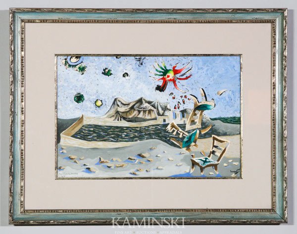 Lurcat, "Apocalypse des mal assis", Gouache: Jean Lucrat (French 1892-1966), "Apocalypse des mal assis", gouache on paper, from series of works, titled, numbered, signed and dated lower margin, 1945, matted under glass, 14 3/4"h x 22 1/4"w (sigh