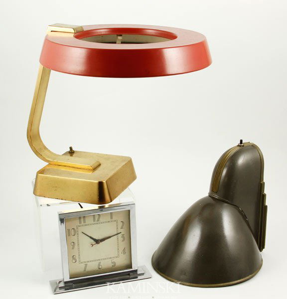 Early Mid C. American Functional Design Items: Group of early mid century, American, functional design items, to include: Gilbert Rohde for Herman Miller art deco square face clock, chrome, circa early 1930s, 6 1/2"h, working condition unknown; st