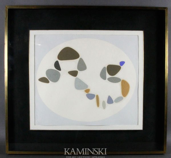 Vasarely, "Sauzon (Belle-Isle)", M/M: Victor Vasarely, "Sauzon (Belle-Isle)", print, silkscreen, and collage, 1947, numbered 30/138 and signed in lower margin in pencil, 18"h x 15 5/8"w (sight), 28"h x 25 5/8"w (frame). Color bleed betwee