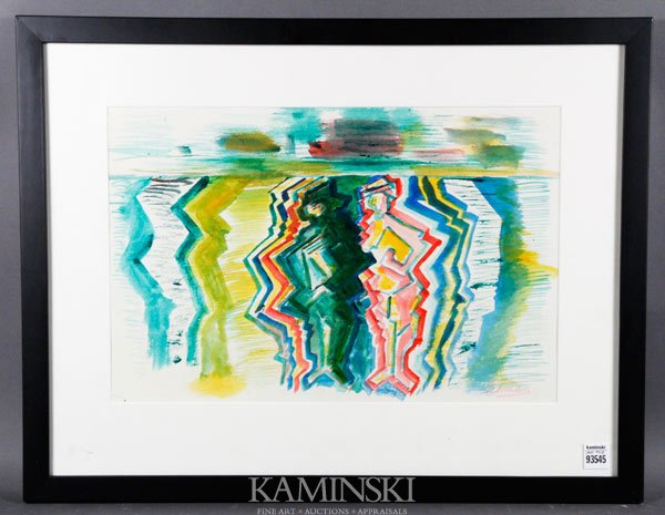 Lehman, Abstracted Figures, W/C: Irving George Lehman (American 1900-1983), abstracted figures within landscape, watercolor, matted under glass, circa 1940s/50s, 11 1/2"h x 17 1/2"w (sight), 18 3/4"h x 24 1/4"w (frame).
