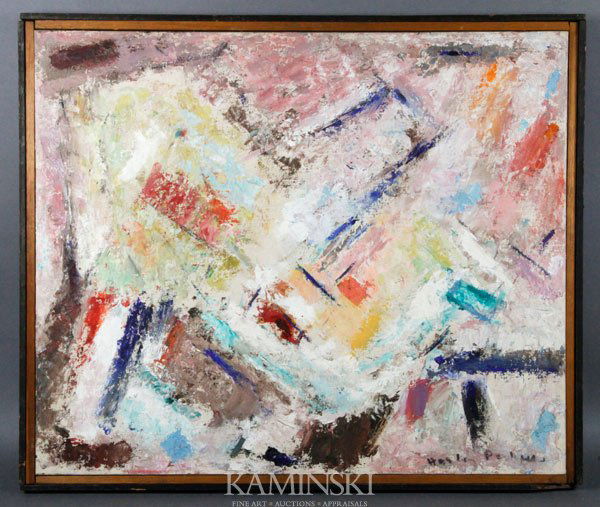 Perkins, "9 Emergence", O/CB: "9 Emergence", abstract, oil on canvas board, signed lower right Harley Perkins, verso typed tag 9 Emergence $250 by Harley Perkins, 20" x 24", 21 3/8" x 25 3/8" (frame).