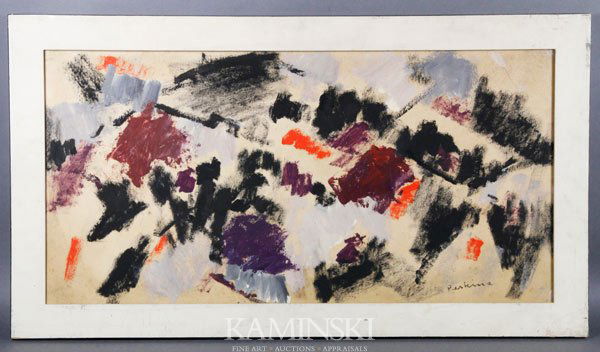 Perkins, "Upland", O/P: "Upland", abstract, oil on paper over masonite, signed lower right Perkins, business card verso Upland $100 Mr. Harley Perkins Fenway Studios 30 Ipswich St Boston, 15" x 30", 18 1/2" x 33 1/2" (frame)