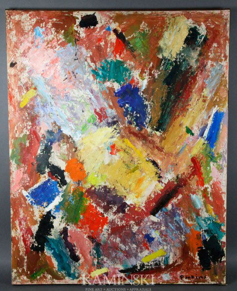 Perkins, "6 Caldron", O/CB: "6 Caldron", abstract, oil on canvas board, signed lower right Perkins, label verso 6 Caldron $350 By Harley Perkins, 30" x 24" (frame).