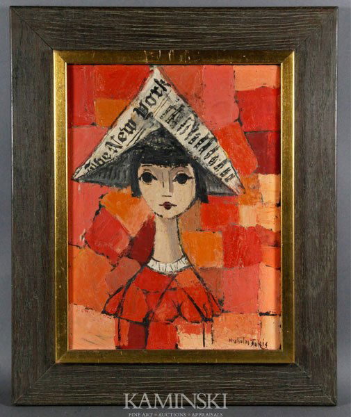Takis, Woman with Hat, O/C: Nicholas Takis (1903-1965), woman with newspaper hat, oil on canvas, signed lower right, circa late 1950s, 16"h x 12"w (sight), 22 1/4"h x 18 1/4"w (frame).
