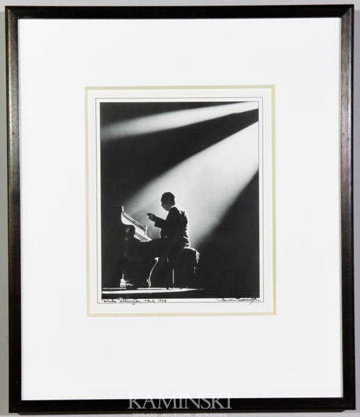Leonard, Duke Ellington, Print: Herman Leonard (American 1923 - 2010), Duke Ellington, print, signed lower right, Paris 1958, 13 3/4"h x 10 3/4"w (view), 22 3/4"h x 19 1/2"w (frame).