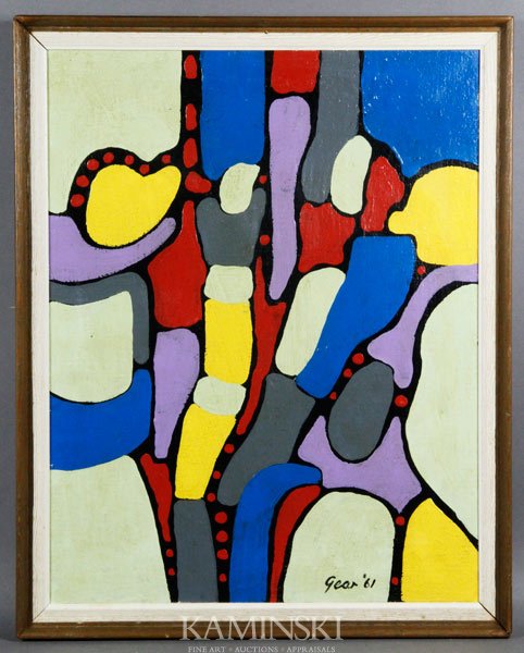 Gear, "Landscape", O/C: William Gear (British 1915-1997), "Landscape", oil on canvas, circa 1961, signed and dated verso and lower left, gallery tag verso, 18"h x 14"w (sight), 20"h x 16"w (frame).