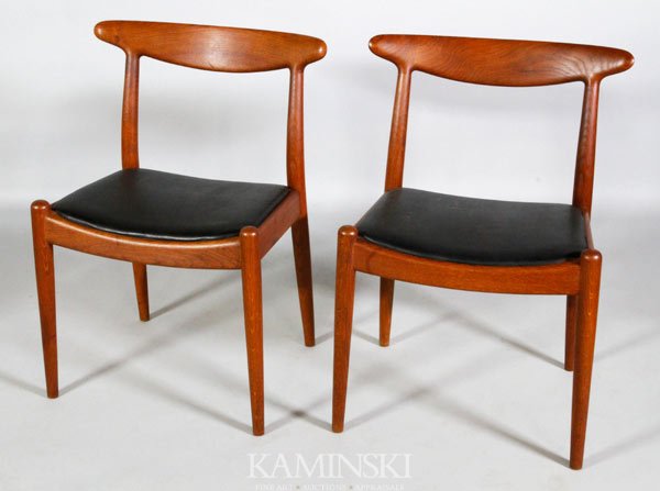 Pair Hans Wegner Side Chairs: Pair of Hans Wegner side chairs, oak with black leather seats, early 1960s, each with branded mark under seat, C. M. Madsens Fabriken, Haarby Danmark, Made in Denmark, Design: Hans J. Wegner, 29 3/4"h
