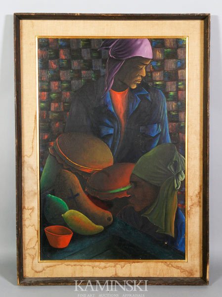 Gourgue, Woman and Man with Drums, O/M: Jacques Enguerrand Gourgue (Haitian 1930 - 1996), woman and man with drums and fruit, oil on masonite, circa late 1950s/ early 1960s, 36"h x 24"w (sight), 42 1/4"h x 30 1/4"w (frame). Overall fine cra