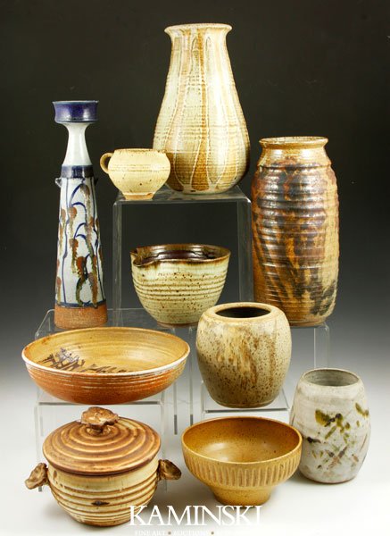 Group of 10 Studio Pottery Items: Group of ten Studio Pottery items, circa 1960s/70s, to include: vase, cream glaze with green and brown over light stoneware, marked Fetter, 6 1/2"h; vase, brown and tan glaze over light stoneware, mar