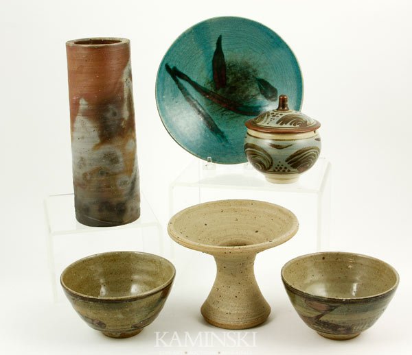 Studio Pottery Group: Group of studio pottery, to include: Cylindrical form, redware with smoked glaze, 9 1/4"h, incised mark on base, buff stoneware pedestal bowl, 5 1/8"h, impressed seal mark to foot 'h' and dot within c