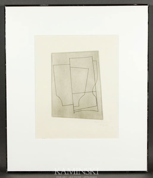 Nicholson, Forms, Etching: Ben Nicholson (1894 - 1982), forms, etching with aquatint, 1967, signed and dated in pencil, numbered 5/22, with LaFranca blindstamp, 8 3/8"h x 6 3/8"w (image), 20 3/8"h x 17 3/8"w (frame). Very light