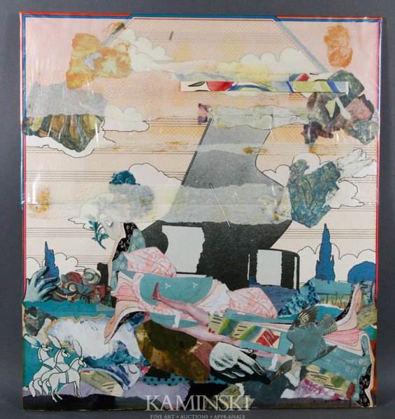Attributed Griffin Paper Collage: Attributed Rick Griffin (American 1944-1991), fantastical landscape, paper collage, signed lower right, circa 1974, 21"h x 19"w.