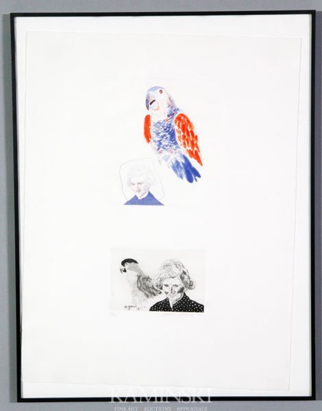 Hockney, "My Mother and the Parrot", Print: David Hockney, "My Mother and the Parrot", two-part print, 1973, numbered 45/100 and signed in pencil, Grommelynck Imprimeur Paris embossed mark, Clark Gallery label verso, 25 3/4"h x 19 3/4"w (view),