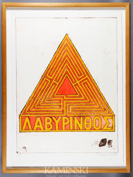 Tilson, "Fire Labyrinth", Etching: Joe Tilson (British b.1928), "Fire Labyrinth", artist's proof, etching with aquatint printed in colors, 1976, full sheet, signed in pencil lower margin A/P Tilson 1976, Clark Gallery label verso, 30 1