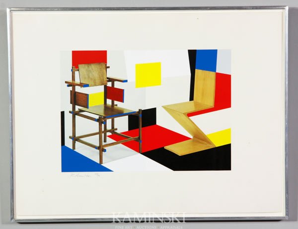 Hamilton, "Putting on De Stijl", Collotype: Richard Hamilton, "Putting on De Stijl", collotype/screen-print, 1979, signed and numbered 68/90 in pencil lower margin, Clark Gallery label verso, 11 3/4"h x 16 1/2"w (sight), 20 3/4"h x 27"w (frame)