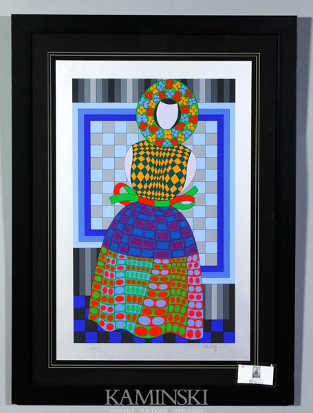 Vasarely, "Fille Fleur", Serigraph: Victor Vasarely, "Fille Fleur", serigraph, 1982, Op Art, hand signed and numbered out of 250, 30"h x 2-"w (view), 38"h x 27 5/8"w (frame).