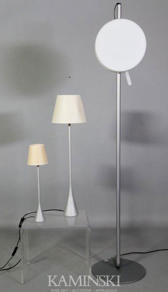 3 French Modern Lamps: Group of three French modern lamps, to include: short and tall table lamps by Pascal Mourgue, each signed to base 'P. Mourgue' raised inscription, with European plugs, 19 3/8"h (shorter), 31 1/2"h (la