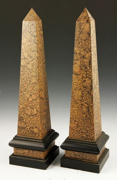 Pair Decorative Wood Obelisks: Pair of decorative obelisks, wood with faux marble finish, circa 1990's, 21 1/4"h.