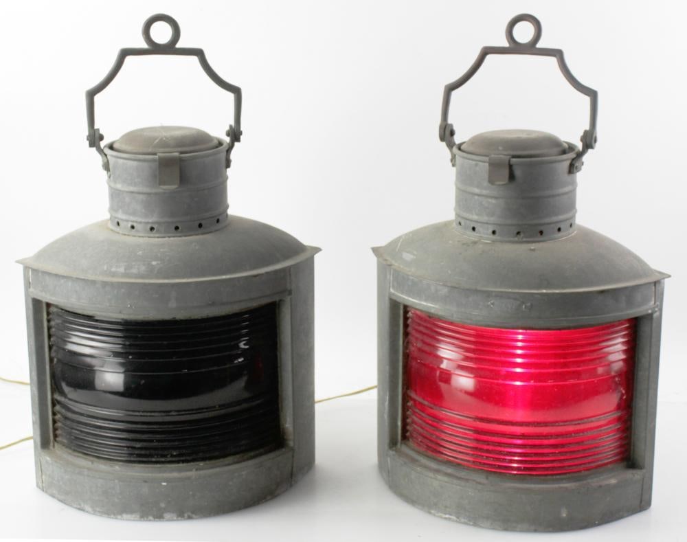 Pair of Old Ship's Signal Lanterns: Pair of old ship's signal lanterns, 24" H x 14" W x 11" D. Provenance: Palm Beach, Florida estate.