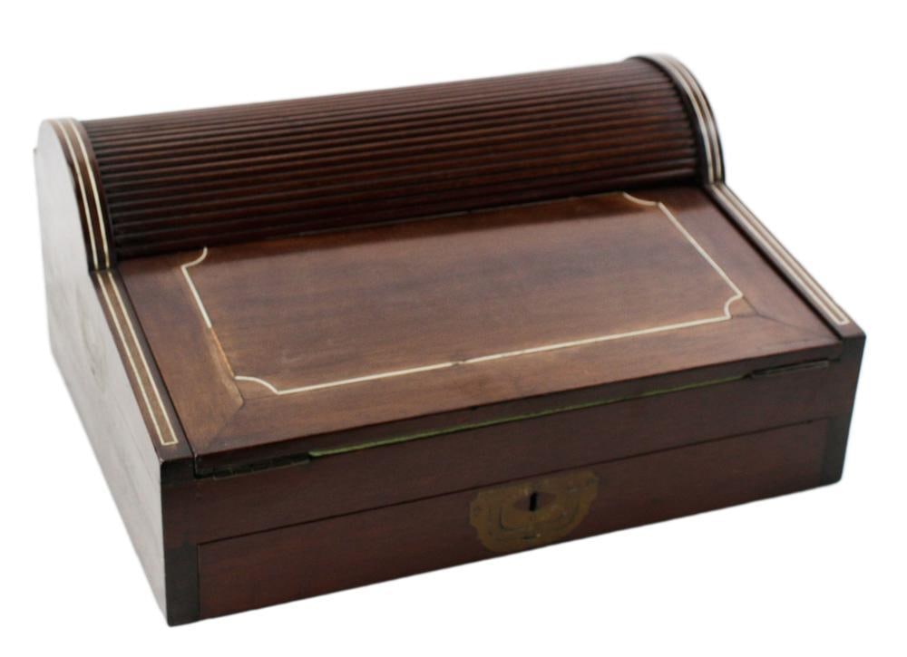 Antique Sea Captain's Roll-top Desk with Bone Inlay: Antique sea captain's campaign-type roll-top desk having bone inlay, 8 1/2" H x 19" W x 15" D. Provenance: From the collection of Deane Litwalk of York, Maine.