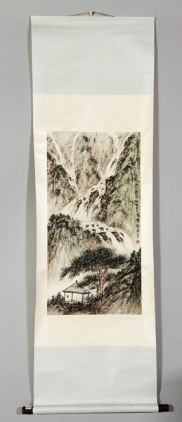 Chinese Watercolor Painting, Signed Fu Baoshi: Painting of a mountain landscape, China, watercolor on paper, signed Fu Baoshi, 33" x 17".