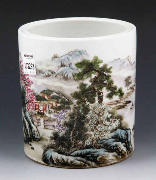 Chinese Famille Rose Brush Pot: Famille rose brush pot, China, decorated with a mountain landscape and calligraphy, signed Xiong Xiaofeng, red mark on base, 6" x 5 1/2".
