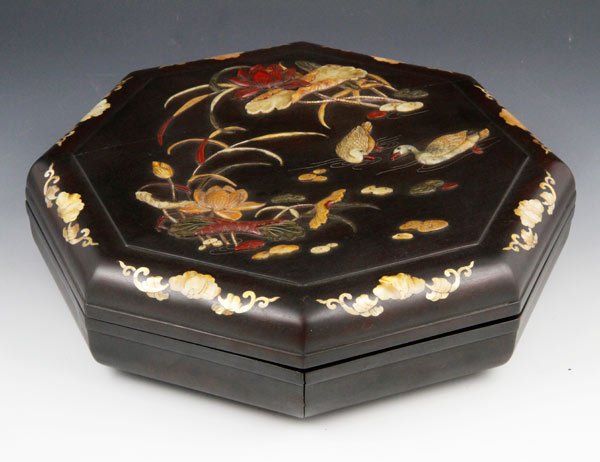 Chinese Zitan Wood Box: Zitan wood box, China, inlaid with hard stone and mother of pearl.