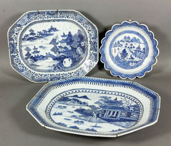 Chinese Canton Plates: Three Canton pieces, one plate, two chargers, China, blue and white pattern, largest 18" dia. Minor chips.
